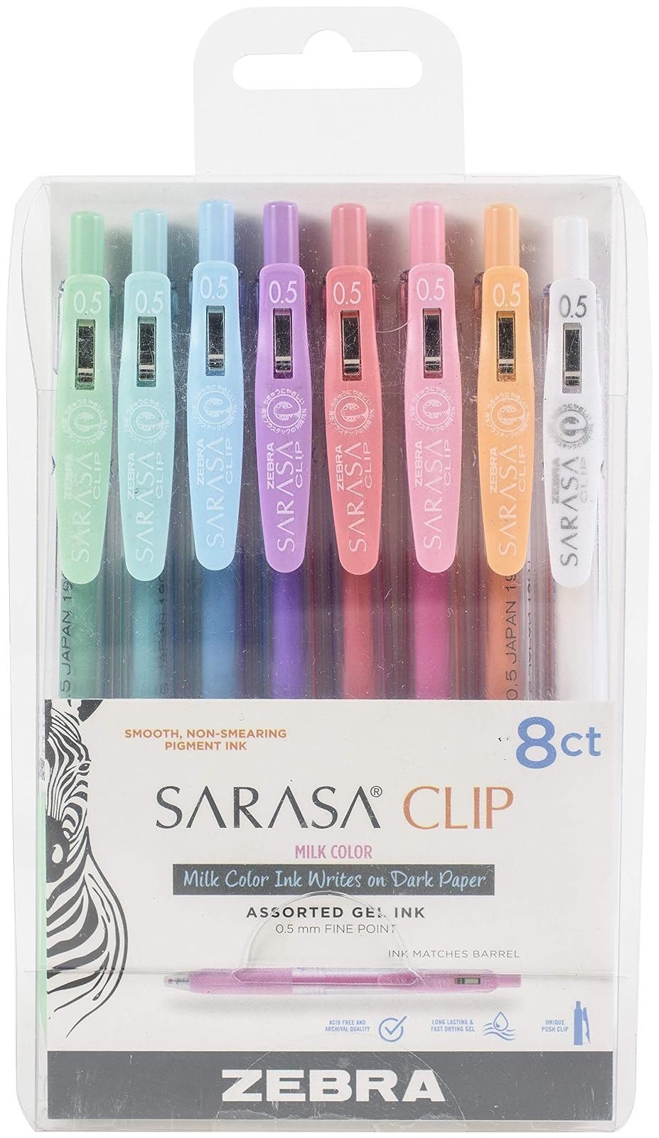 Zebra Sarasa Bolígrafo Retráctil Tinta Gel, Punta Fina 0.5mm, Colores Variados - Milky Colors