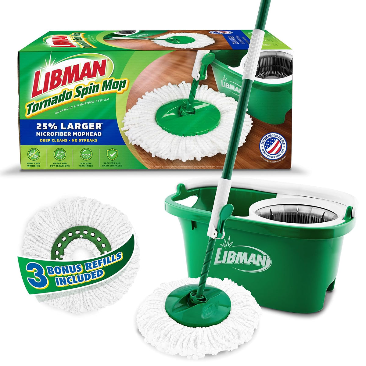 Libman Tornado - Sistema de trapeador giratoria con 3 Cabezales de Recarga, trapeador giratoria de Microfibra y cubeta con Juego de escurridor para el hogar, Limpieza de Suelos de Madera Dura, Laminado,