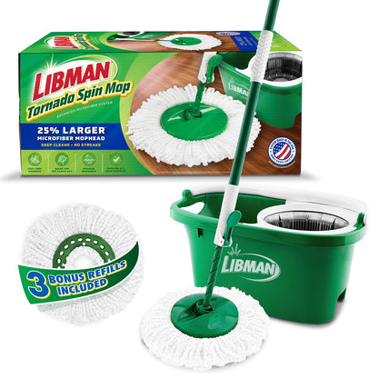 Libman Tornado - Sistema de trapeador giratoria con 3 Cabezales de Recarga, trapeador giratoria de Microfibra y cubeta con Juego de escurridor para el hogar, Limpieza de Suelos de Madera Dura, Laminado,