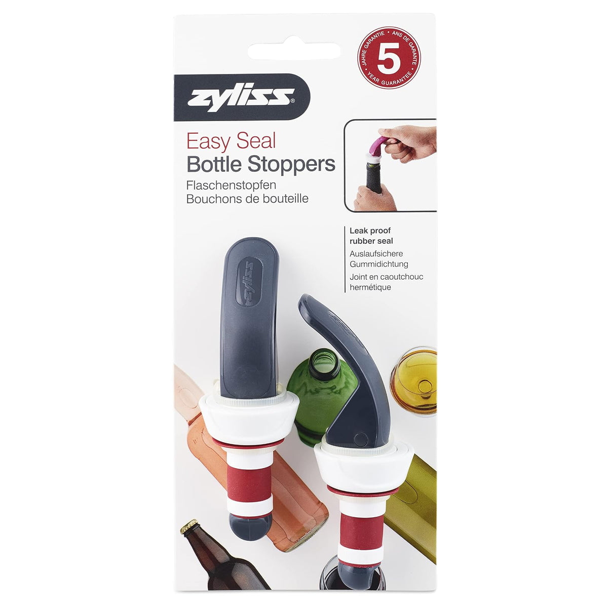 Zyliss - Tapones de botella de cierre fácil – Tapones de vino y champaña a prueba de fugas con mango largo de fácil bloqueo, agarre cómodo, sello hermético, diseño moderno en gris y rojo, duradero y