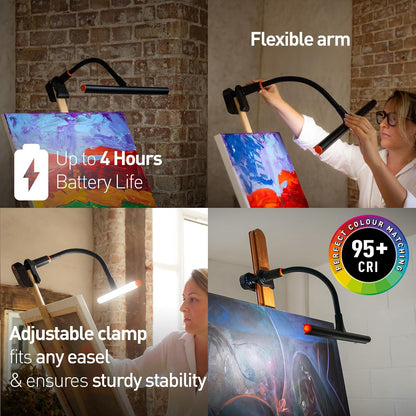 daylight Company Easel Lamp Go™ Premium 95+ CRI Lámpara de arte LED con atenuador de 3 pasos, cable USB-C y batería integrada para una excelente reproducción de color e iluminación ininterrumpida