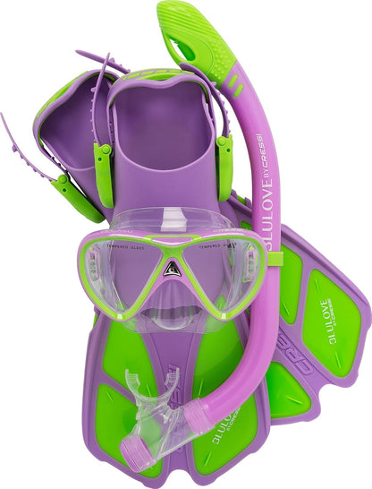 Cressi - Juego de esnórquel Juvenil para niños de 3 a 9 años, Aletas Cortas Ajustables, máscara de Silicona, esnórquel seco - Mini Bonete Pro Dry Set - S - M | US Youth 1 - 3 | EU 32 - 34 - Lila - Verde