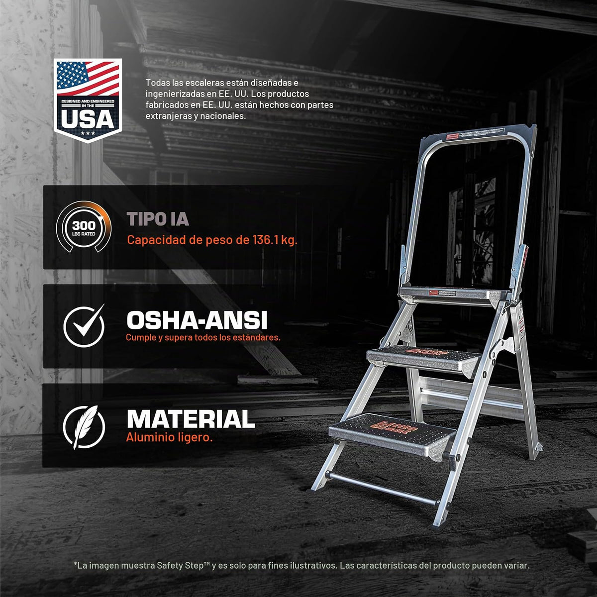 Little Giant Ladder Systems 10210BA, Escalera de Tijera con Escalón de Seguridad y Pasamanos, 2 Escalones