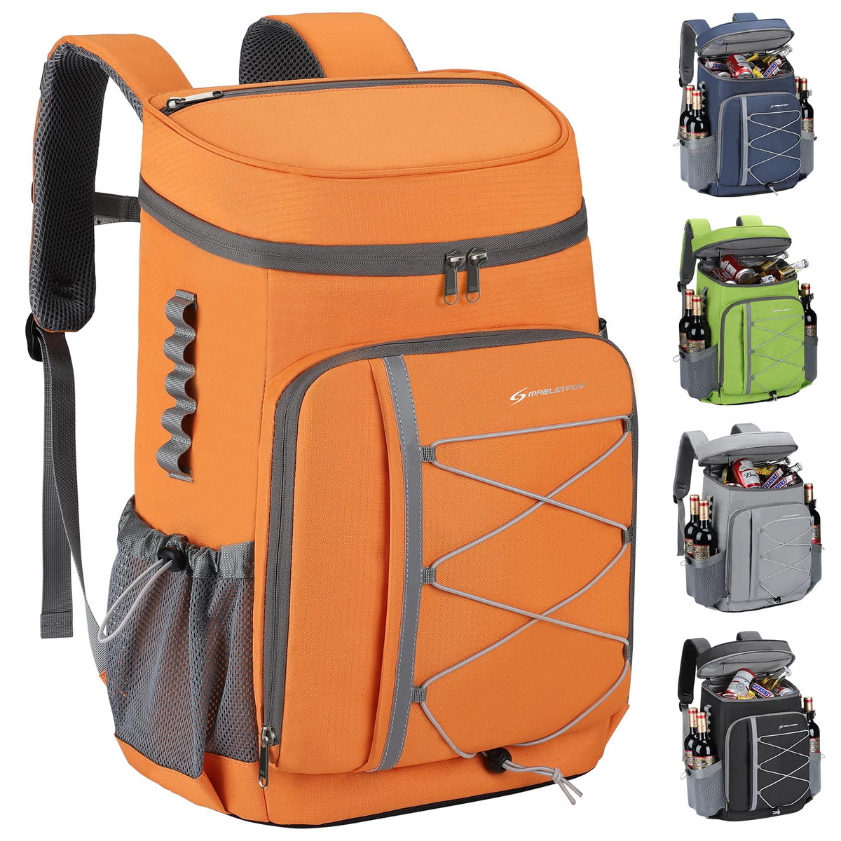 Maelstrom Mochila Hielera 35/50 Latas, Bolsa Hielera Suave Hermética | Frío 16h, bolsillos múltiples, silbato emergencia, acolchado ergonómico transpirable. Ideal camping, pesca, senderismo - Naranja - 50 Can