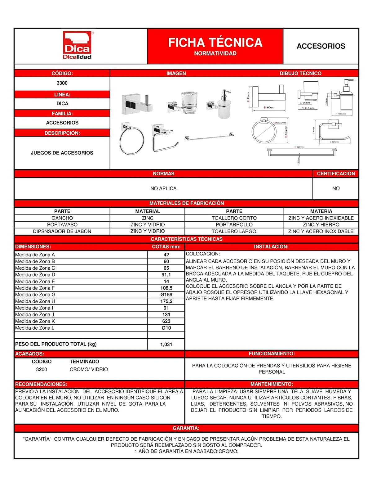 Dica 3300 Juego de Accesorios para baño, 6 Piezas, Acabado Cromo/Vidrio
