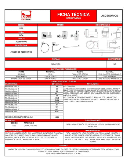 Dica 3300 Juego de Accesorios para baño, 6 Piezas, Acabado Cromo/Vidrio