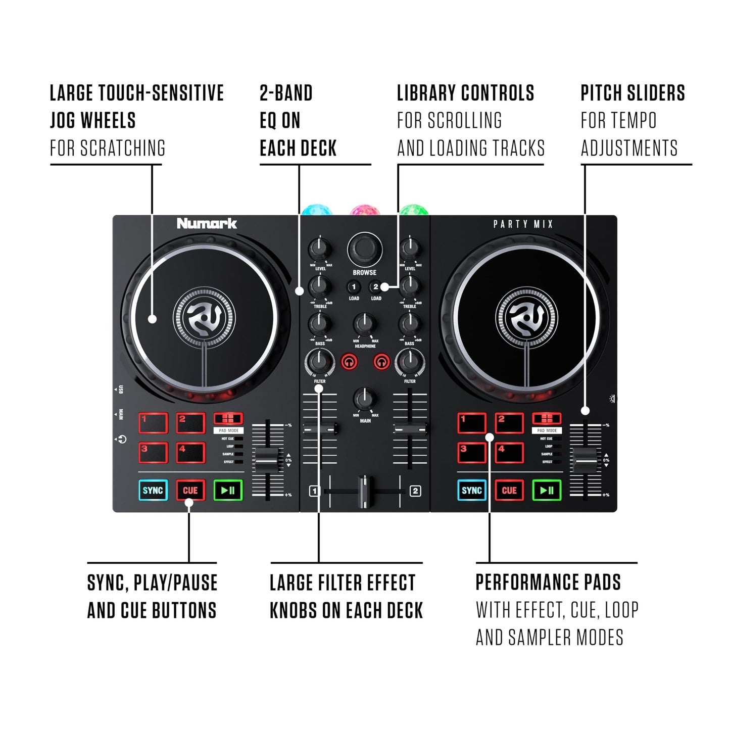 Numark Party Mix II - Controlador DJ con 2 decks y luces integradas, interfaz de audio, mezcladora DJ para Serato DJ Lite y Algoriddim djay Pro AI