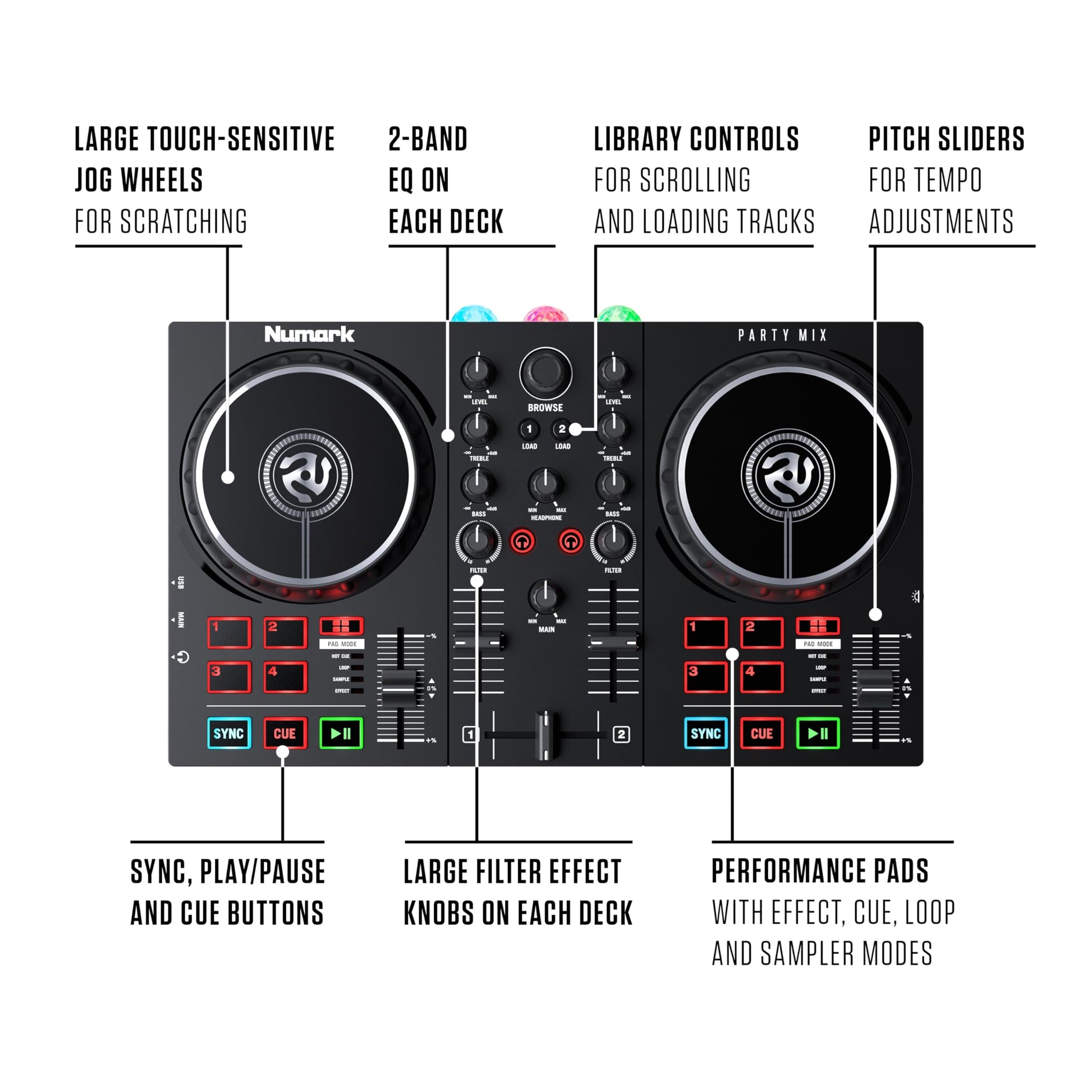 Numark Party Mix II - Controlador DJ con 2 decks y luces integradas, interfaz de audio, mezcladora DJ para Serato DJ Lite y Algoriddim djay Pro AI