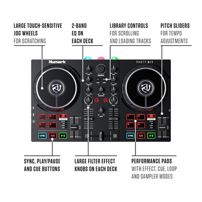 Numark Party Mix II - Controlador DJ con 2 decks y luces integradas, interfaz de audio, mezcladora DJ para Serato DJ Lite y Algoriddim djay Pro AI