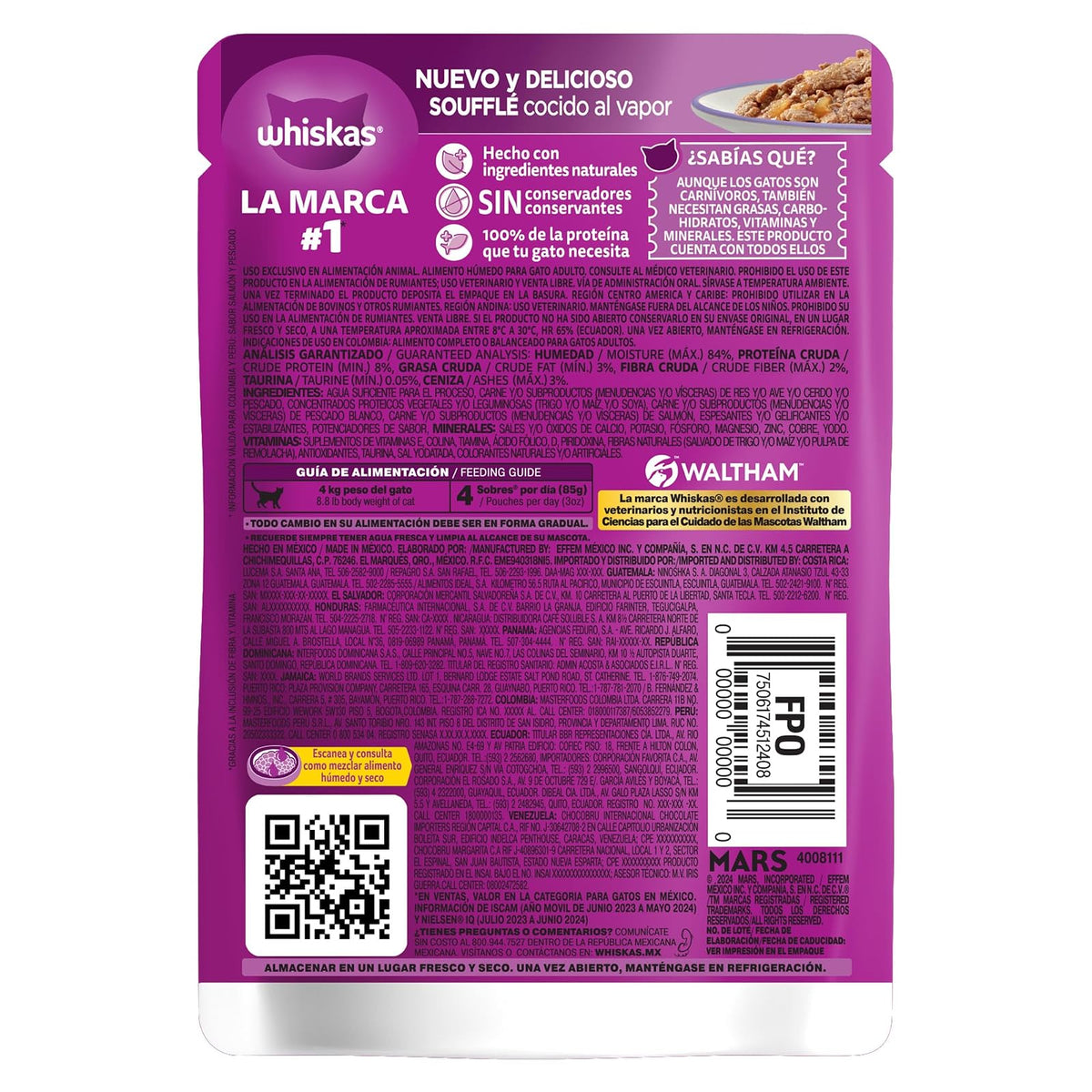 Whiskas - Sobres para Gato Adulto, 24 Piezas, con Sabor a Salmón y Pescado, 85 gr, Fibras, Vitaminas y Taurina