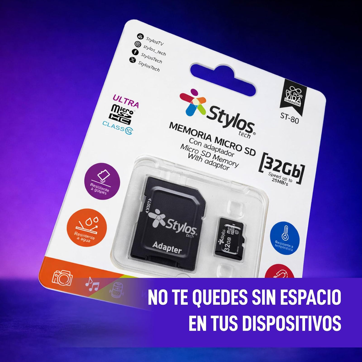 Memoria Micro SD 32GB Clase 10 con Adaptador Negra Almacenamiento PC Laptop Camara StylosTech