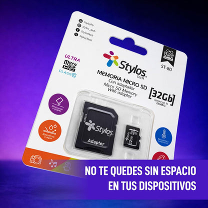Memoria Micro SD 32GB Clase 10 con Adaptador Negra Almacenamiento PC Laptop Camara StylosTech