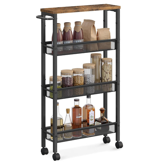 VASAGLE Carrito Organizador Slim de 4 Niveles con Ruedas y Asa, Estante Estrecho para Cocina, Baño y Oficina, 45.4x13x77 cm MLRC032B01