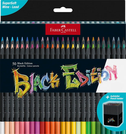 Faber-Castell Colores Supersoft Black Edition con 50 Diferentes Colores, cuenta con una mina supersuave y con una pigmentación fuerte resaltando tonos intensos sobre cualquier tipo de papel