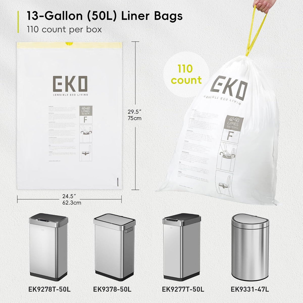 EKO Bolsas de Basura extrafuertes con cordón Tamaño F. 40-60 Litros. 110 unidades