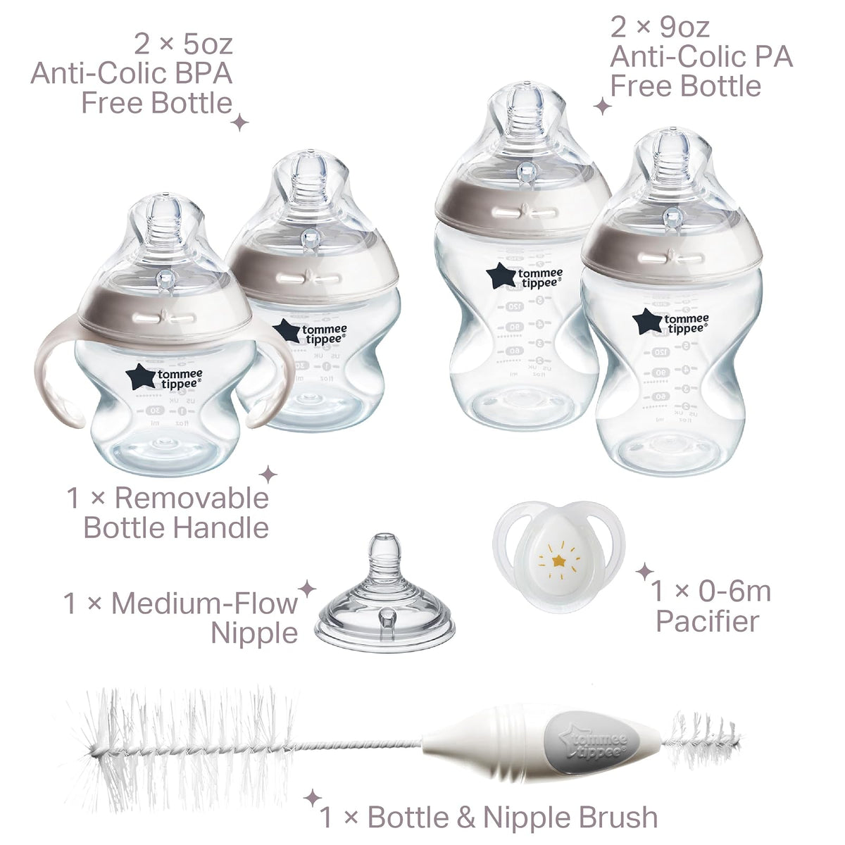 Tommee Tippee Natural Start Baby’s First Bottle Set, 2 x 5oz and 2 x 9oz Anti-Colic Bottles, Slow and Medium Flow Nipples, 0-6 month Pacifier, Self-Sterilizing