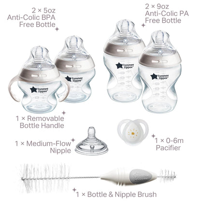 Tommee Tippee Natural Start Baby’s First Bottle Set, 2 x 5oz and 2 x 9oz Anti-Colic Bottles, Slow and Medium Flow Nipples, 0-6 month Pacifier, Self-Sterilizing