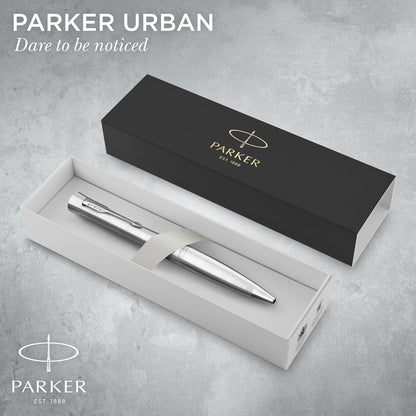 PARKER Urban Twist Bolígrafo | Metro en Metal con Detalles Cromados | Punta Mediana con Tinta Azule | Caja Para Regalo