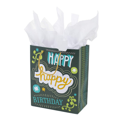 Hallmark - Bolsa de regalo de cumpleaños mediana de 9 pulgadas con papel de seda y mini carteles (Feliz cumpleaños, verde, gris, azul letras a mano)