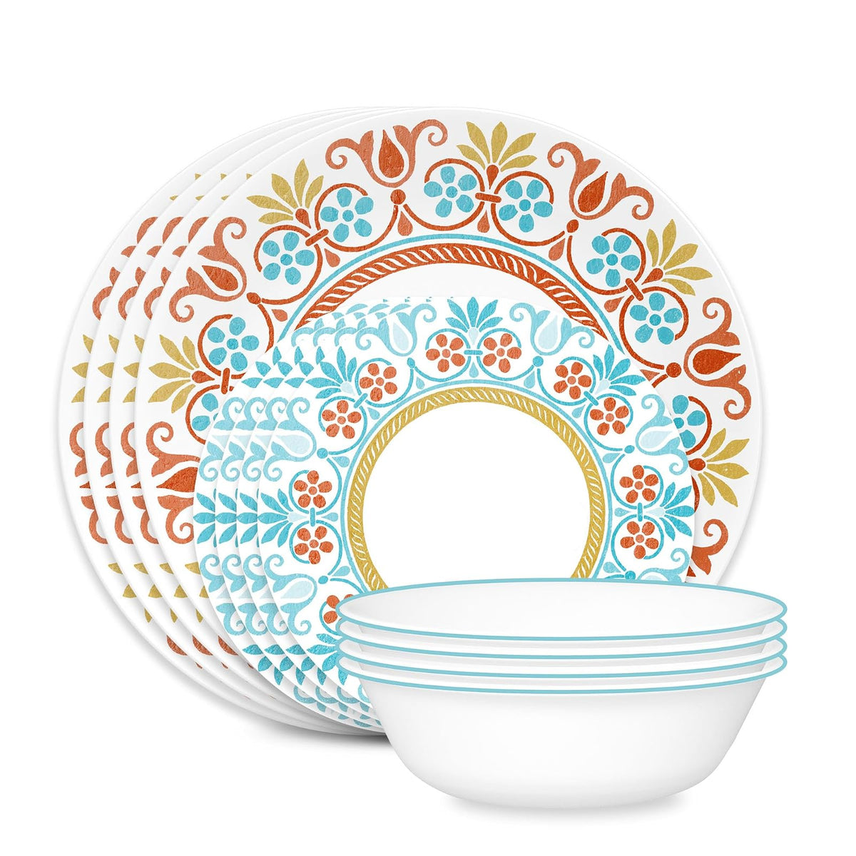 Corelle Global Collection Vitrelle - Juego de vajilla de 12 piezas, vidrio reciclado de triple capa, juego de platos y cuencos redondos ligeros y ecológicos, Terracotta Dreams