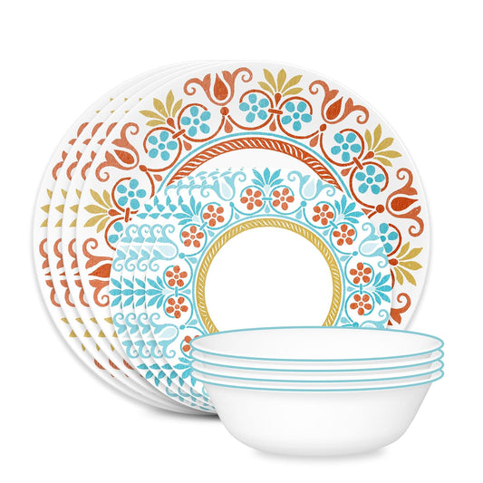 Corelle Global Collection Vitrelle - Juego de vajilla de 12 piezas, vidrio reciclado de triple capa, juego de platos y cuencos redondos ligeros y ecológicos, Terracotta Dreams