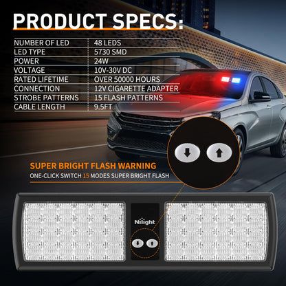 Nilight Red Blue 48LED Visor Strobe Lights Interior Windshield Emergency Warning Light Super Bright LED for Police Enforcement Firefighters Vehicle Trucks