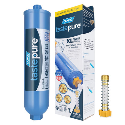 Camco Filtro de Agua Extra Grande: Reduce Mal Sabor, Olor, Sedimentos, Bacterias y Cloro - 1 Unidad - Filtro de Agua Potable para Caravana y Barco - Certificado Sin Plomo - 40019