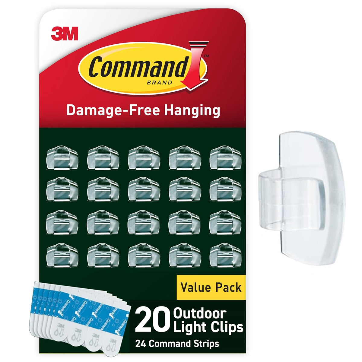 Command Clips de luz para exteriores, clips de luz colgantes sin daños con tiras adhesivas, clips de pared para colgar decoraciones de Navidad al aire última intervensión, luces y cables, 20 clips transparentes y 24 tiras de comando