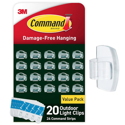 Command Clips de luz para exteriores, clips de luz colgantes sin daños con tiras adhesivas, clips de pared para colgar decoraciones de Navidad al aire última intervensión, luces y cables, 20 clips transparentes y 24 tiras de comando