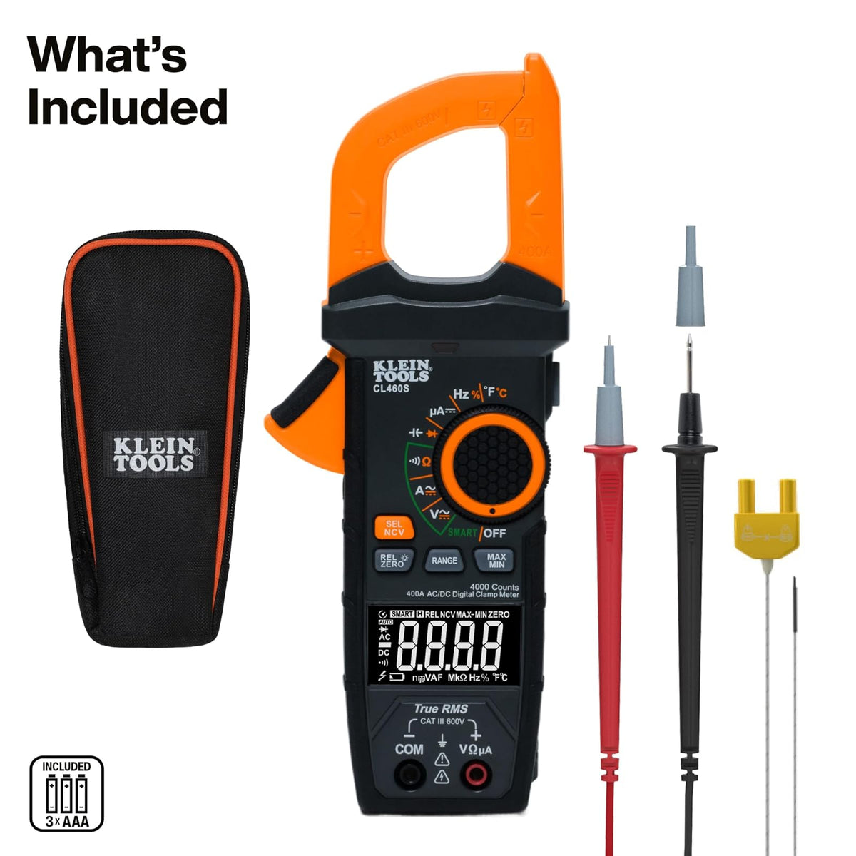 Klein Tools CL460S | Multímetro de gancho digital, de rango automático de 400A AC/DC con TRMS, medidor de voltaje con visualización retroiluminada.