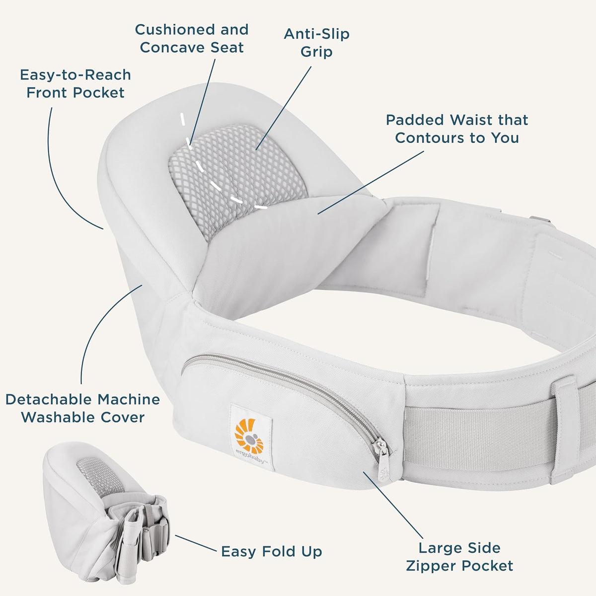 Ergobaby Lift - Portabebés ergonómico para asiento de cadera con almacenamiento, cómodo cinturón ancho y soporte lumbar (16 libras - 45 libras) - Portabebés antideslizante para niños pequeños - Azul