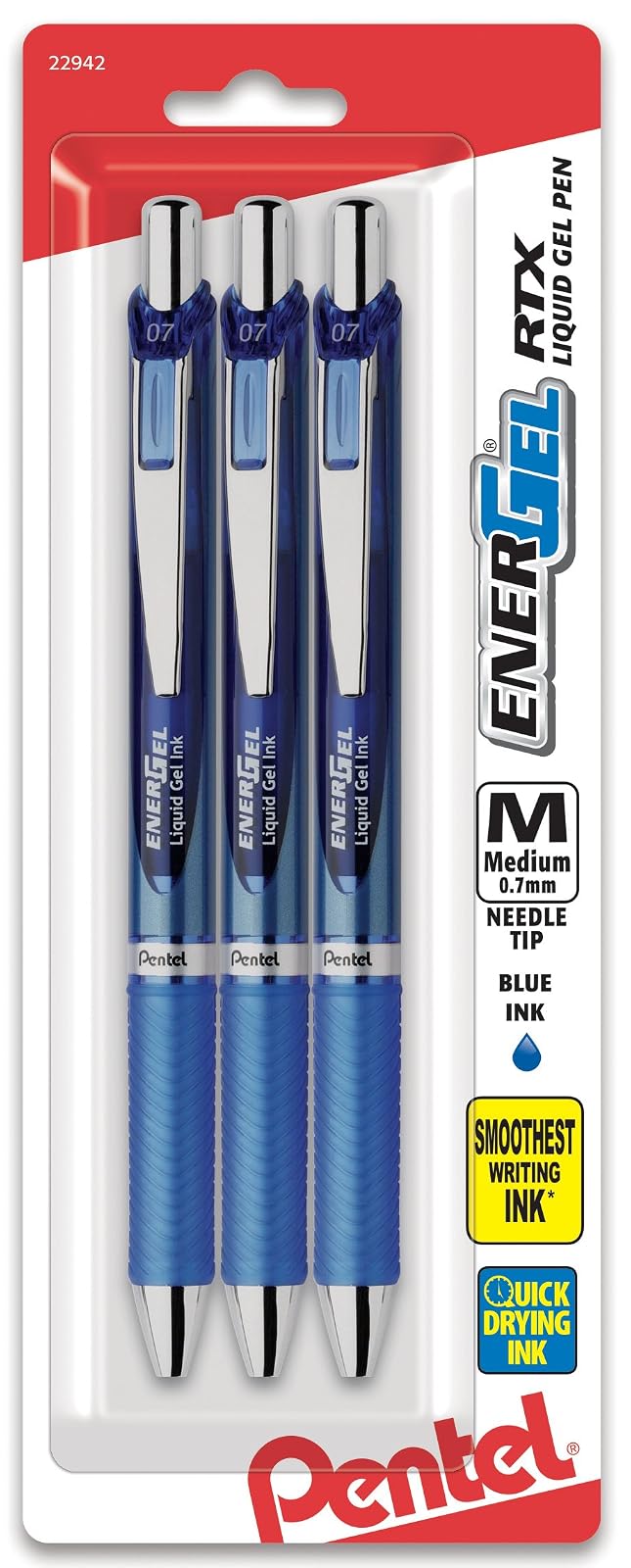 Pentel EnerGel RTX Bolígrafos Retráctiles de Tinta Líquida de Gel - Aguja de de 0.7mm - 3 Unidad (Paquete de 1) - Azul