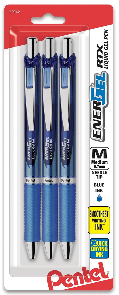 Pentel EnerGel RTX Bolígrafos Retráctiles de Tinta Líquida de Gel - Aguja de de 0.7mm - 3 Unidad (Paquete de 1) - Azul