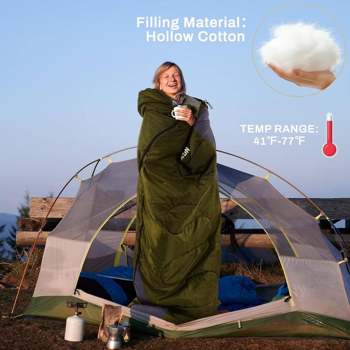 Elevon - Saco de Dormir para Adultos, Adolescentes, niños, Clima frío y cálido, portátil, Impermeable y Ligero, Compacto con Saco de compresión, para 3 a 4 Estaciones de Camping, mochileros,
