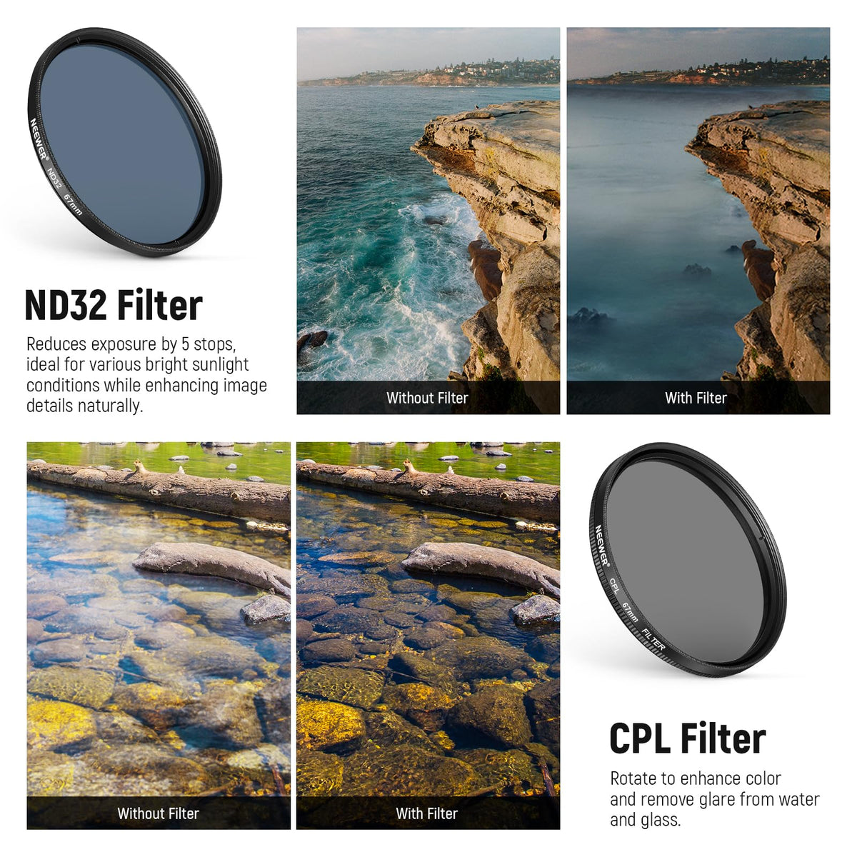 NEEWER Juego de 7 67mm Filtros ND, Compatible con Android Samsung Google Pixel Huawei Xiaomi Clip On CPL+ ND32 + Starlight + GND(Rojo/Naranja/Amarillo/Azul), Kit Accesorios Foto Lentes Cámara, FL-P11