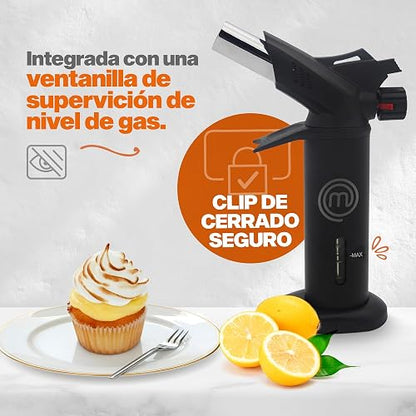 Hukën x MasterChef | Antorcha Culinaria Double-Flame Profesional | Boquilla de Doble Flama | Control de Potencia | Estilo Profesional | Carga de 15g para Uso Prolongado | Diseño Ergonómico