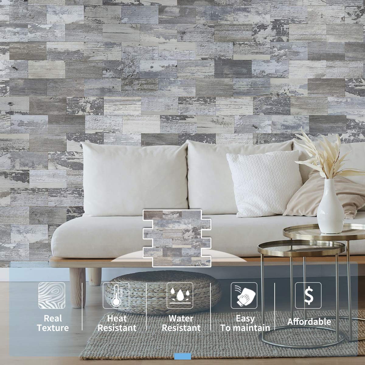Art3d Paquete de 10 azulejos para despegar y pegar, 13.5 x 11.4 x 0.2 pulgadas. Azulejo de madera envejecida para cocina, baño, chimenea