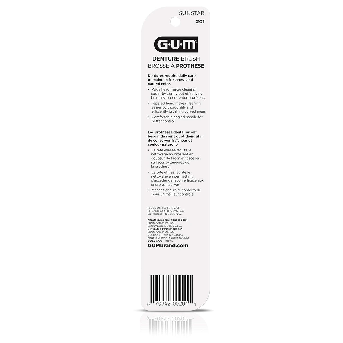 GUM - Cepillo para Prótesis Dentales con Doble Cabezal Con Cerdas Firmes de Nylon y Mango Ergonómico Antideslizante