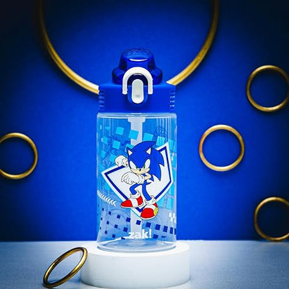 Zak Designs Sonic the Hedgehog - Botella de agua de salvia para la escuela o los viajes, botella de agua de plástico duradera de 16 onzas con popote, mango y a prueba de fugas, cubierta de boquilla