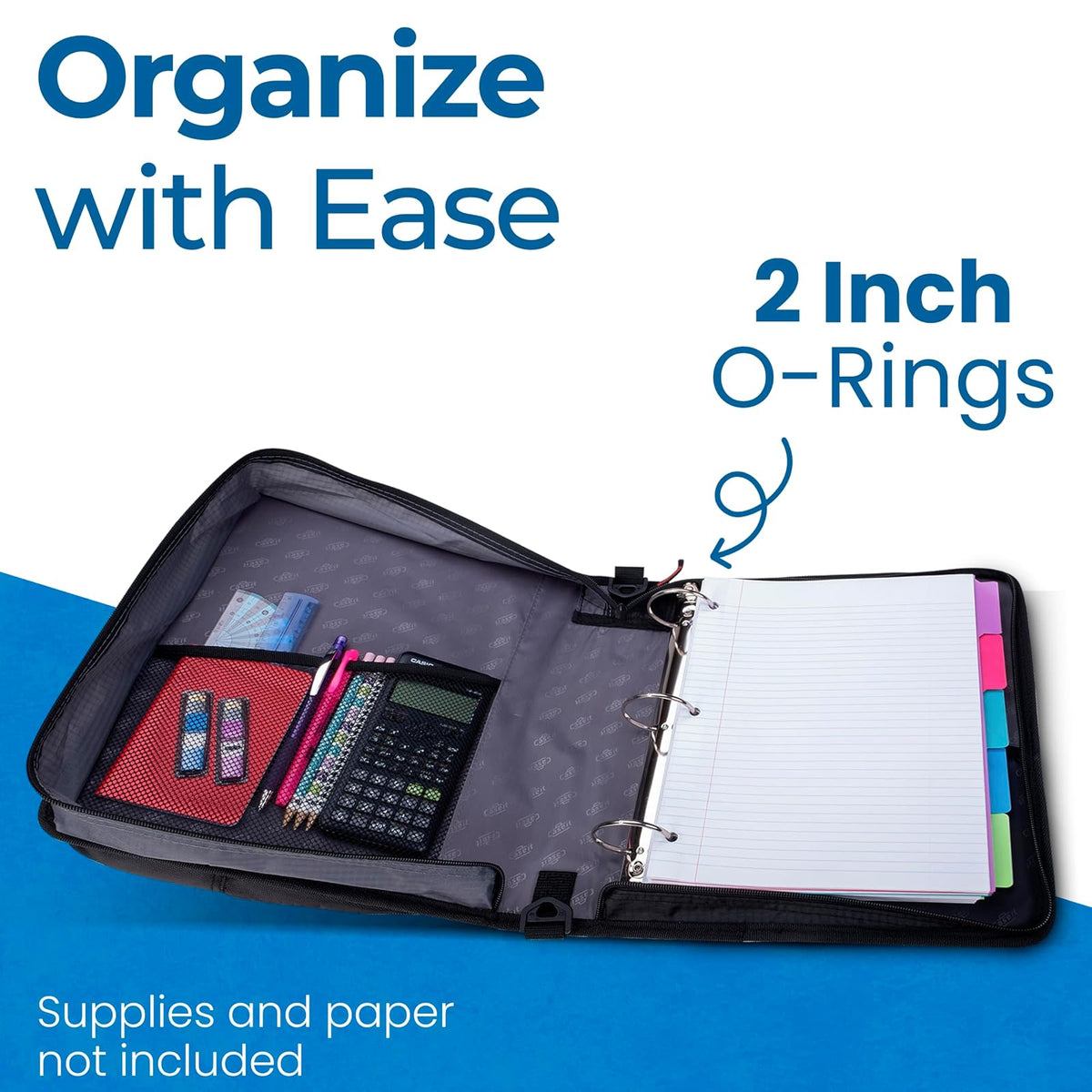 Case-it - Carpeta universal con cierre, bolsillo acolchado con juntas tóricas de 2 pulgadas que soporta hasta 13 portátiles/tablet, múltiples bolsillos, capacidad de 400 páginas, viene con correa para