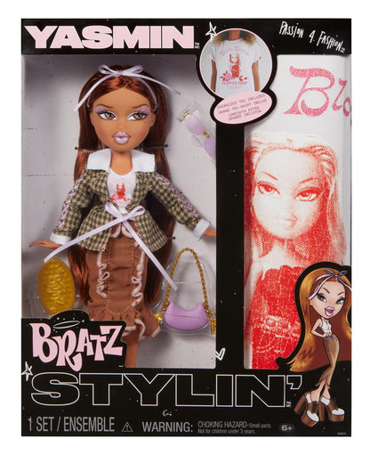 Bratz Stylin' Yasmin - Muñeca de Moda con Camiseta Personalizable Que Puedes Usar, Incluye Accesorios, Lindos Juguetes para Niñas