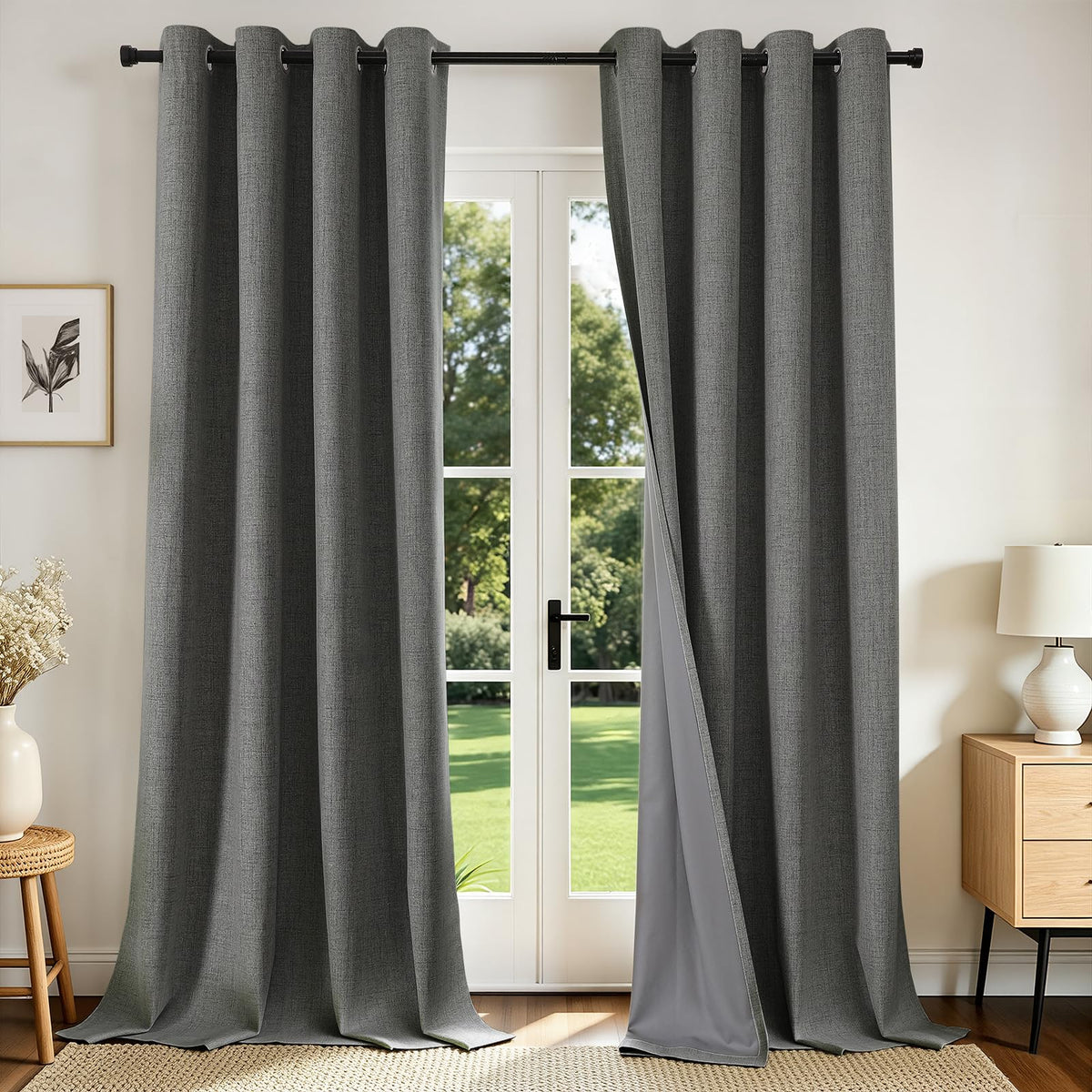 Joydeco Cortinas Opacas de Lino Sintético, 2 Paneles - Gris Oscuro - 132An x 274Al cm (1 Paneles)