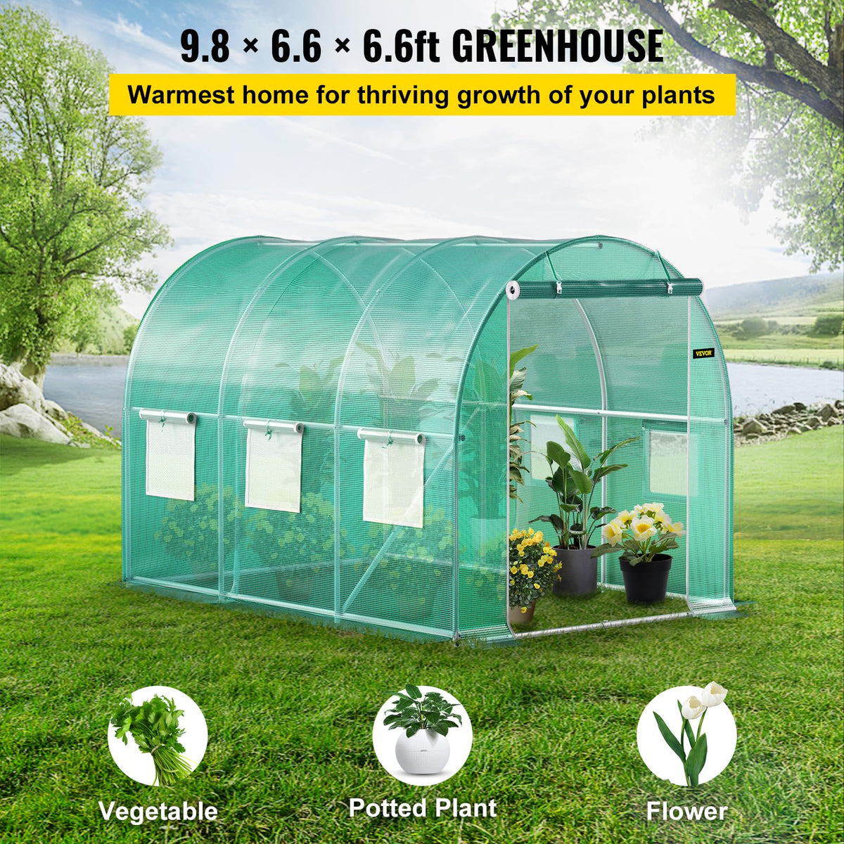 VEVOR - Invernadero de túnel para Uso en casa, 10 x 7 x 7 pies con Puerta con Cierre, 6 Ventanas enrollables, Aros de Acero galvanizado, 1 viga Superior y 2 Postes diagonales, Verde 10 x 7 x 7