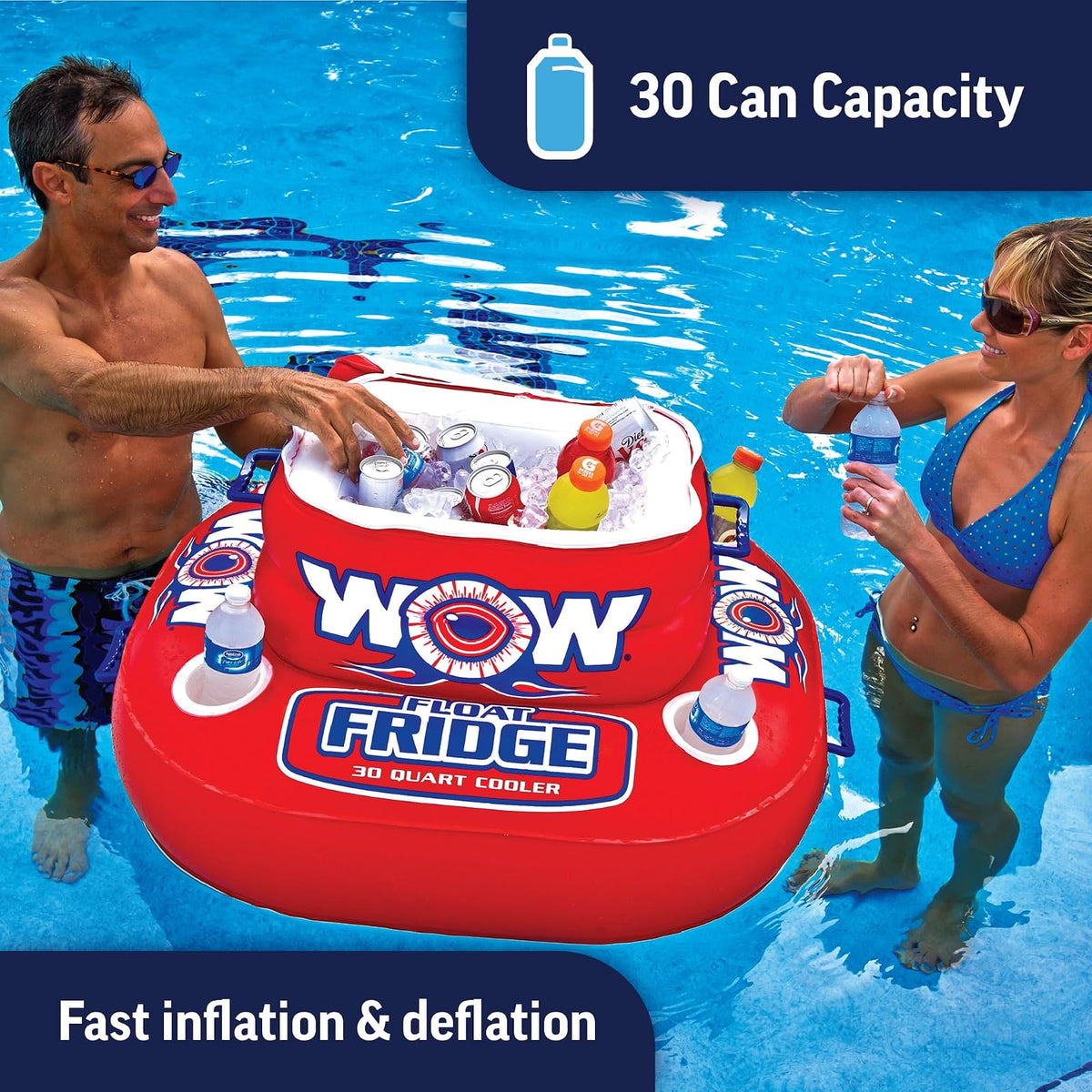 Wow World of Watersports - Enfriadores flotantes inflables Resistentes de 30 Cuartos de galón, Capacidad para 30 latas con Soportes para Tazas y Tapas con Cremallera