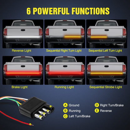 Nilight Truck Tailgate Light Strip 48" Triple Row 360 LED with Red Running Brake White Reverse Amber Turning Signals Strobe Lights