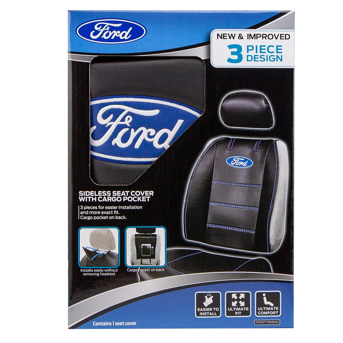 Plasticolor 008625R01 - Funda de Asiento para Ford Deluxe con Logotipo incrustado, Costuras de Alto Contraste, 3 Piezas, sin Laterales, para Automóvil, camión o SUV, con Bolsillo de Carga, Color Negro