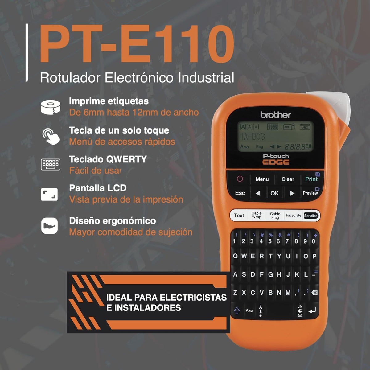 Brother Rotulador Industrial Portátil PT-E110 para Etiquetas Profesionales | Impresora de etiquetas industriales de 6 a 12 mm, para Electricistas, Instaladores, Teclas Rápidas Cables, plecas, exteriores