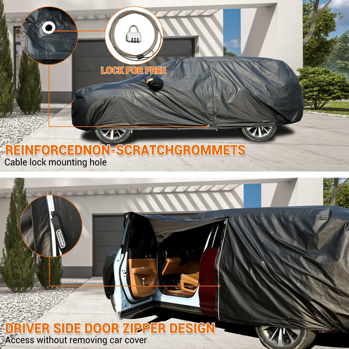 Tecoom - Funda Impermeable para Automóvil para Todo Tipo de Clima, 3 Capas de Fundas de Automóvil para automóviles con Cerradura/Cierre de Cierre, Forro Polar Grueso, Protector de UV, Nieve, Lluvia, Granizo