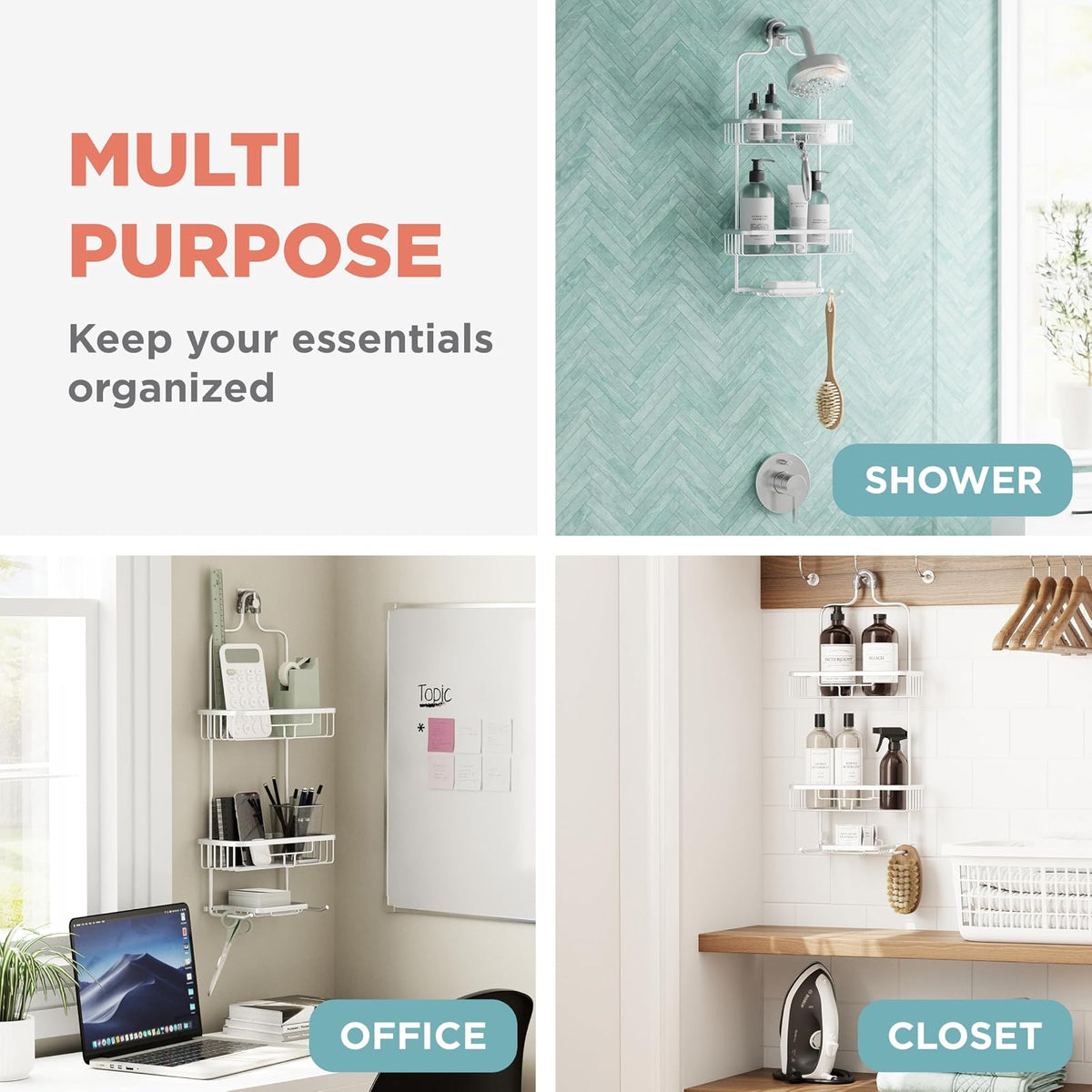 Zenna Home - Organizador de ducha colgante a prueba de óxido, sobre el cabezal de ducha con 2 estantes y ganchos integrados, organizador colgante de baño de aluminio, cromo satinado
