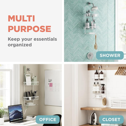 Zenna Home - Organizador de ducha colgante a prueba de óxido, sobre el cabezal de ducha con 2 estantes y ganchos integrados, organizador colgante de baño de aluminio, cromo satinado